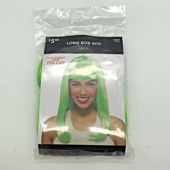 Green Halloween Wig Cosplay Party Costume OSFM Long  Bob With Bangs Hair NIP - Picture 2 of 6